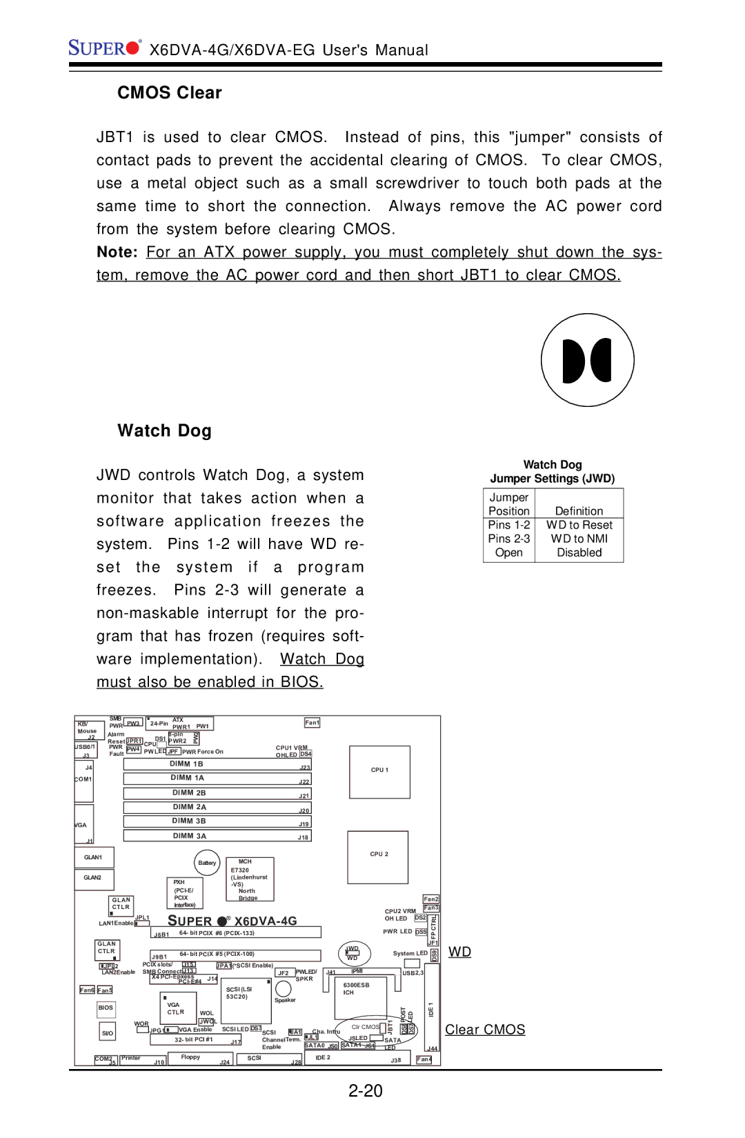 American Megatrends X6DVA-4G, X6DVA-EG user manual Cmos Clear, Watch Dog Jumper Settings JWD 