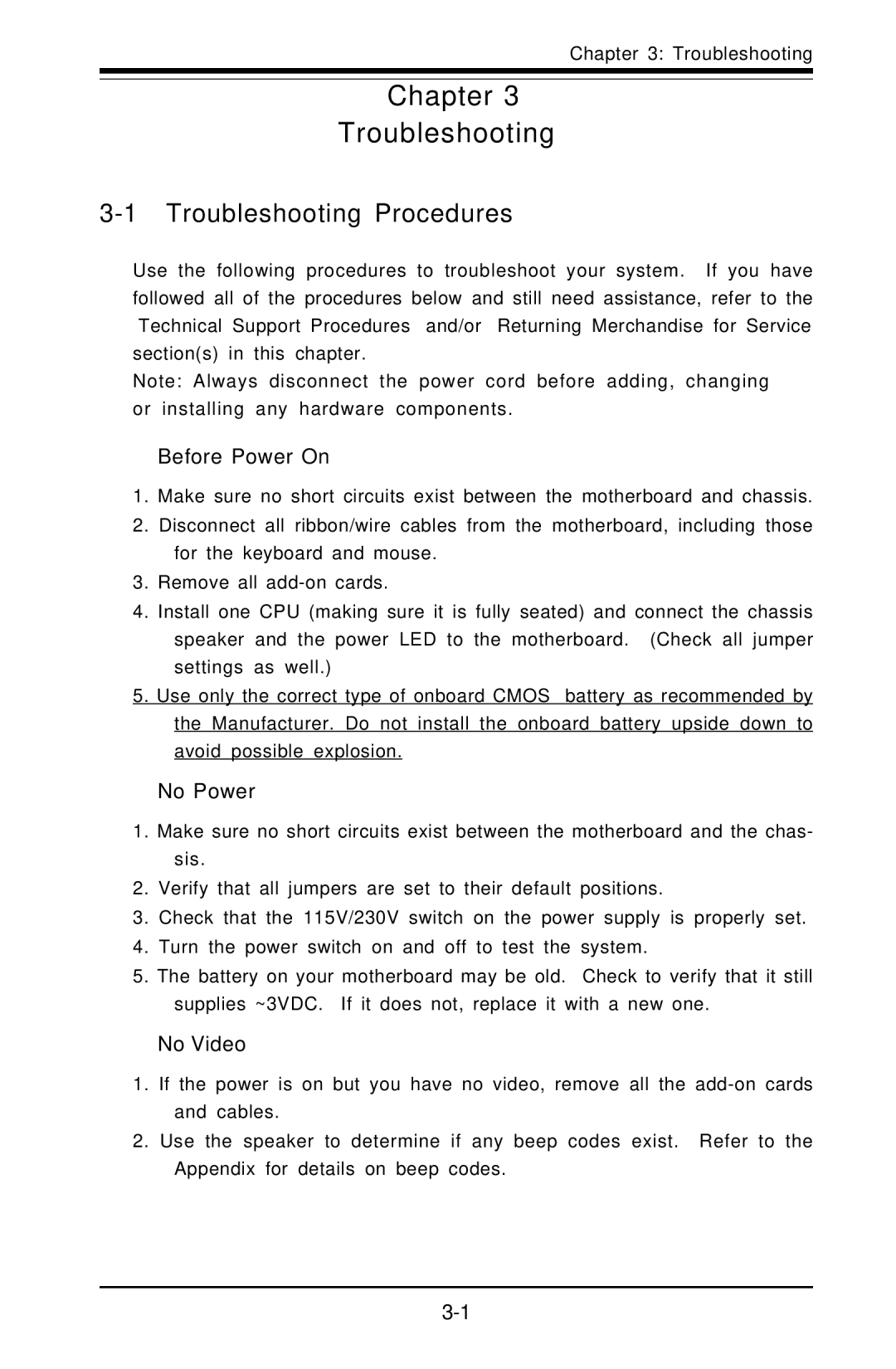 American Megatrends X6DVA-EG, X6DVA-4G user manual Troubleshooting Procedures, Before Power On, No Power, No Video 