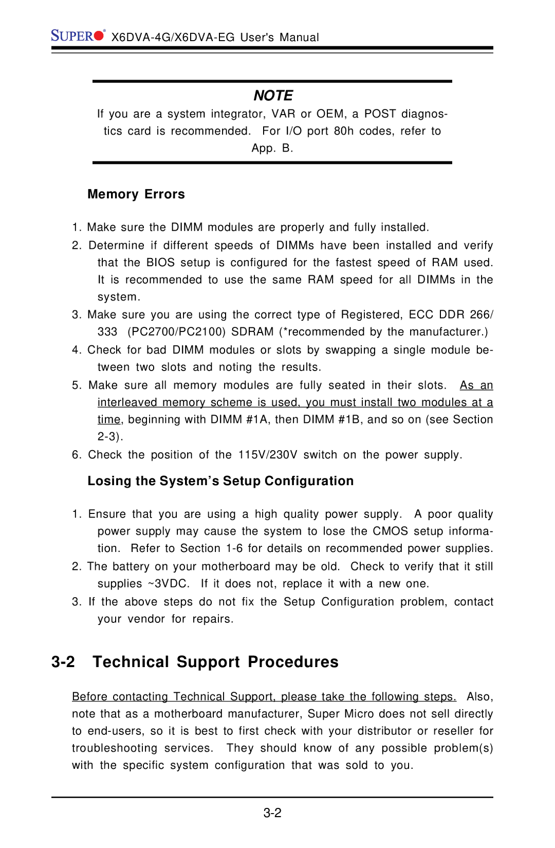 American Megatrends X6DVA-4G Technical Support Procedures, Memory Errors, Losing the System’s Setup Configuration 