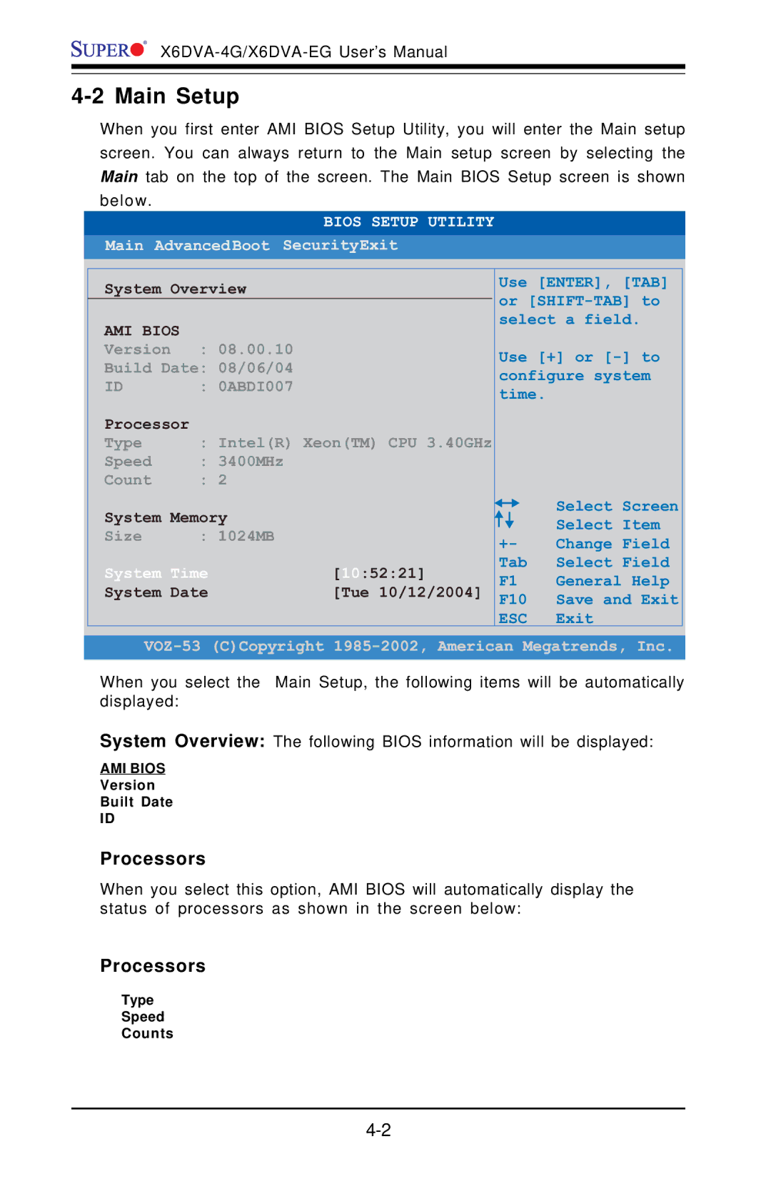 American Megatrends X6DVA-4G, X6DVA-EG user manual Main Setup, Processors 