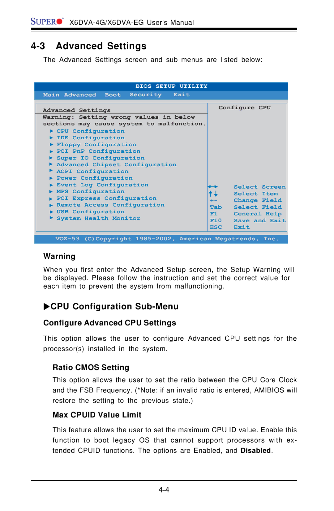 American Megatrends X6DVA-4G, X6DVA-EG Advanced Settings, Xcpu Configuration Sub-Menu, Configure Advanced CPU Settings 