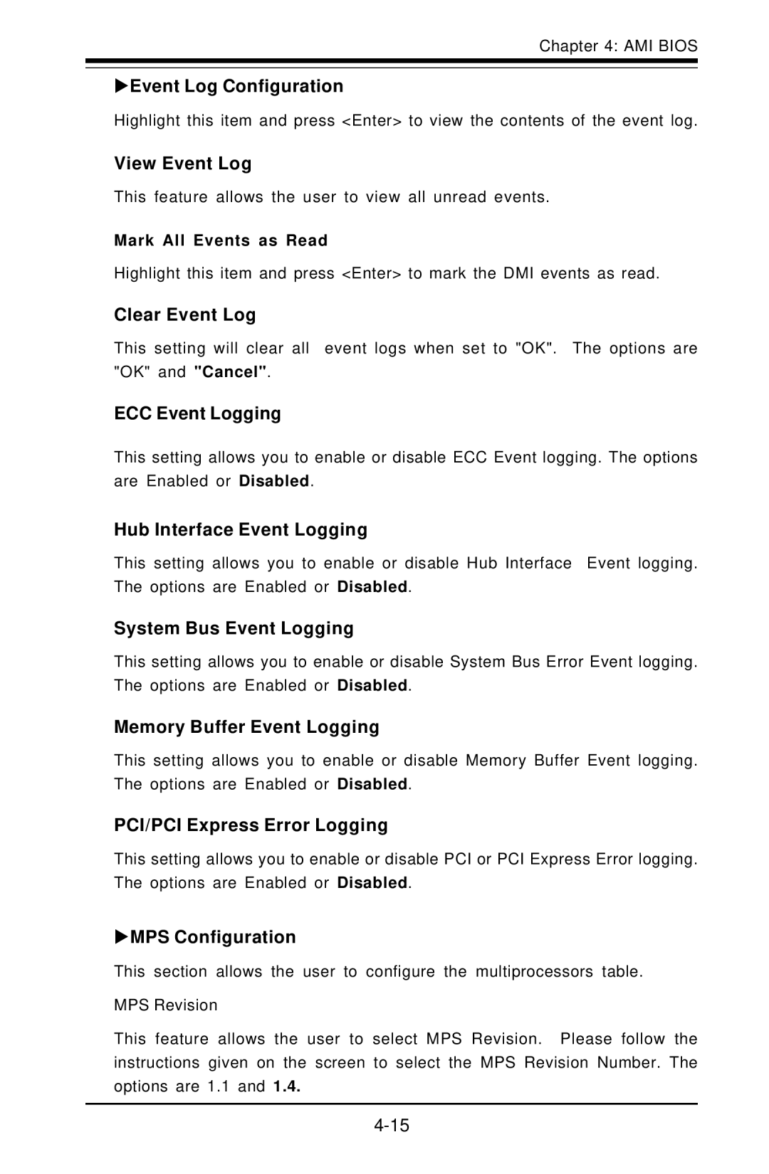 American Megatrends X6DVA-EG, X6DVA-4G XEvent Log Configuration, View Event Log, Clear Event Log, ECC Event Logging 