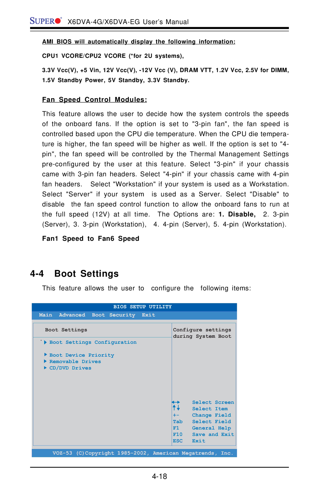 American Megatrends X6DVA-4G, X6DVA-EG user manual Boot Settings, Fan Speed Control Modules, Fan1 Speed to Fan6 Speed 