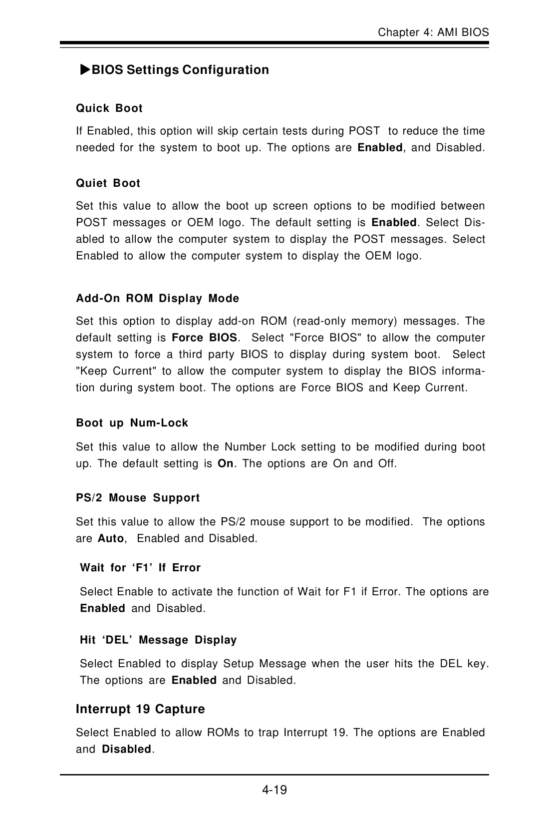 American Megatrends X6DVA-EG, X6DVA-4G user manual Xbios Settings Configuration, Interrupt 19 Capture 