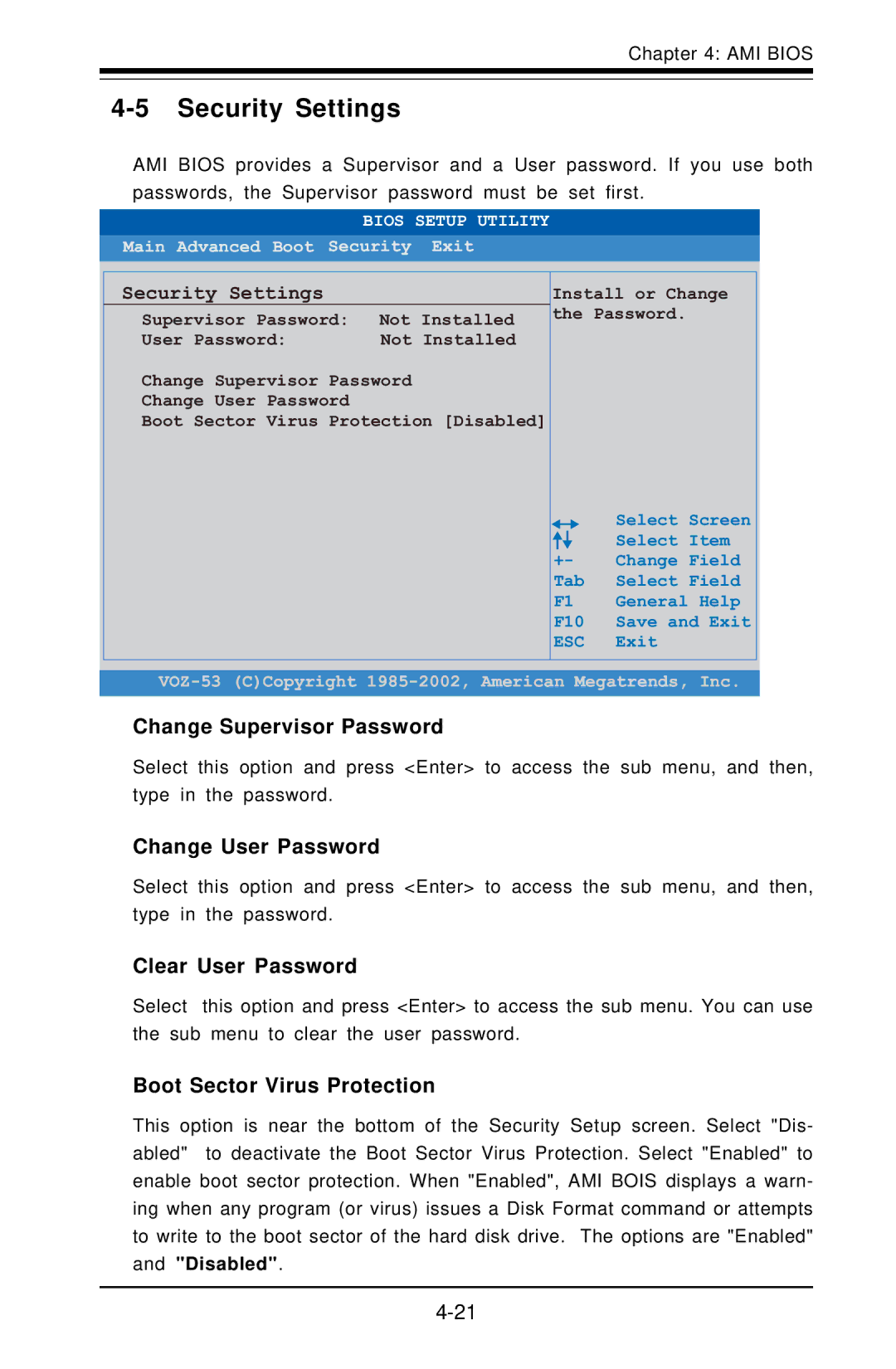 American Megatrends X6DVA-EG Security Settings, Change Supervisor Password, Change User Password, Clear User Password 