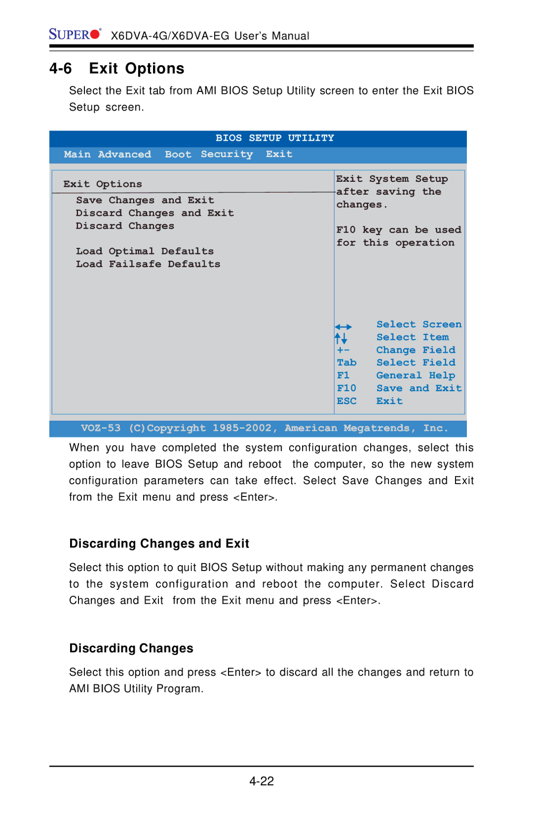 American Megatrends X6DVA-4G, X6DVA-EG user manual Exit Options, Discarding Changes and Exit 