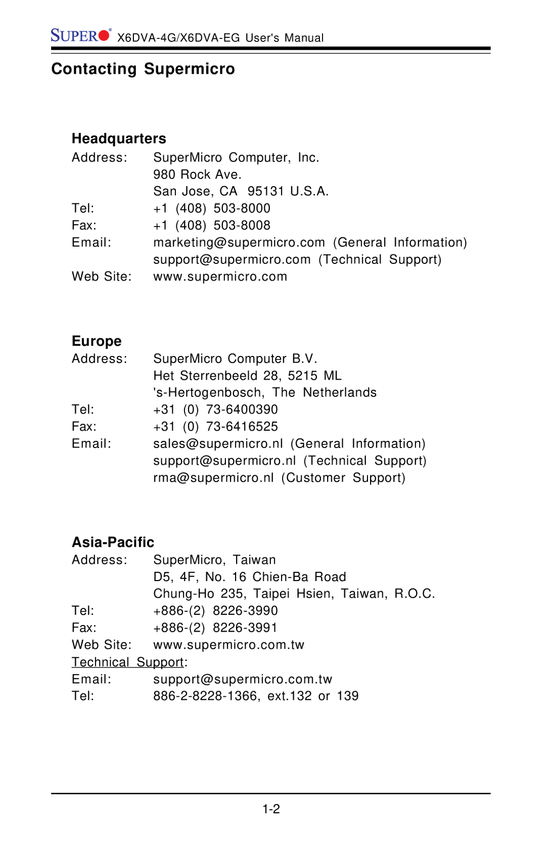 American Megatrends X6DVA-4G, X6DVA-EG user manual Contacting Supermicro, Headquarters, Europe, Asia-Pacific 