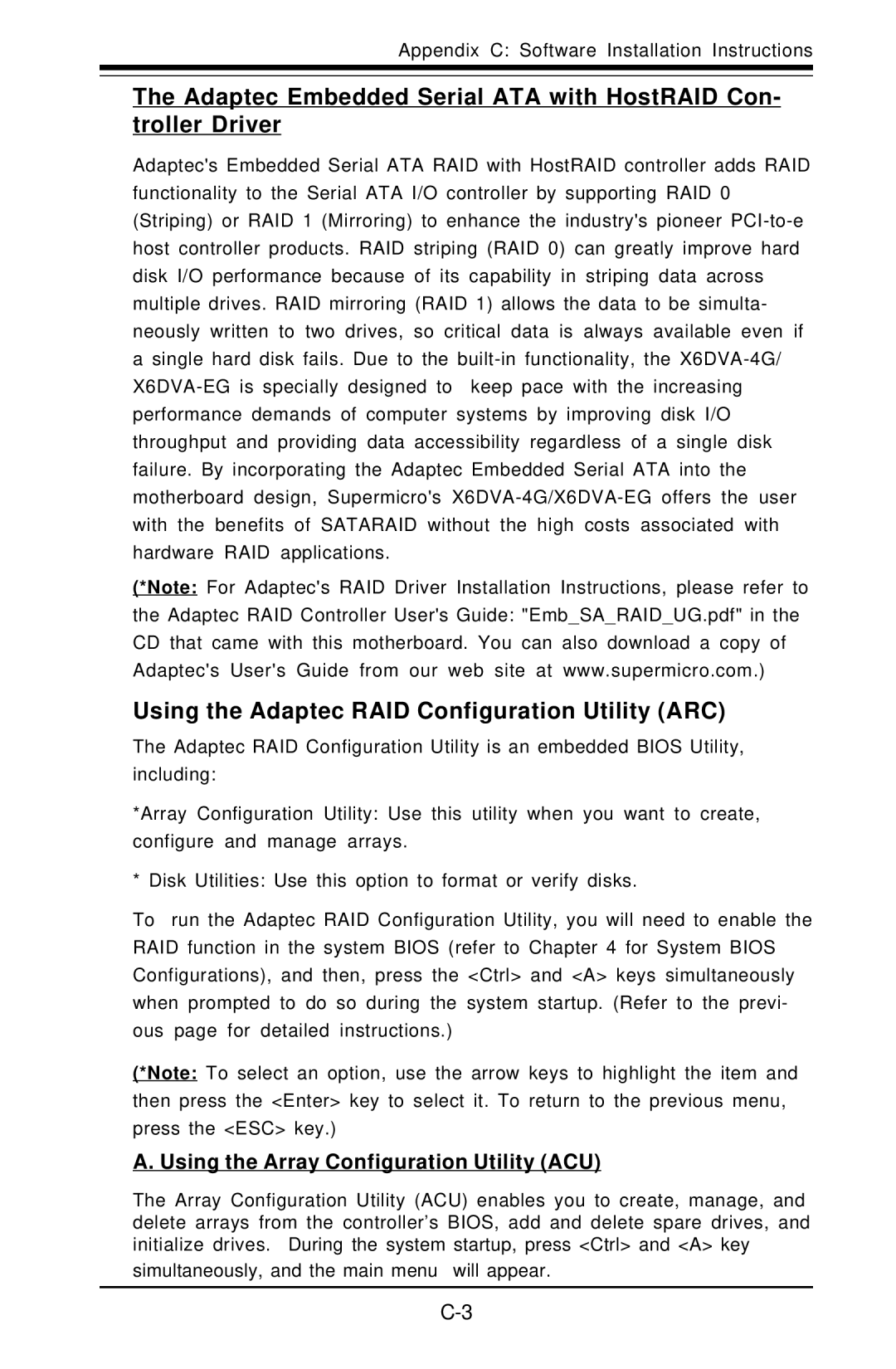 American Megatrends X6DVA-EG Using the Adaptec RAID Configuration Utility ARC, Using the Array Configuration Utility ACU 