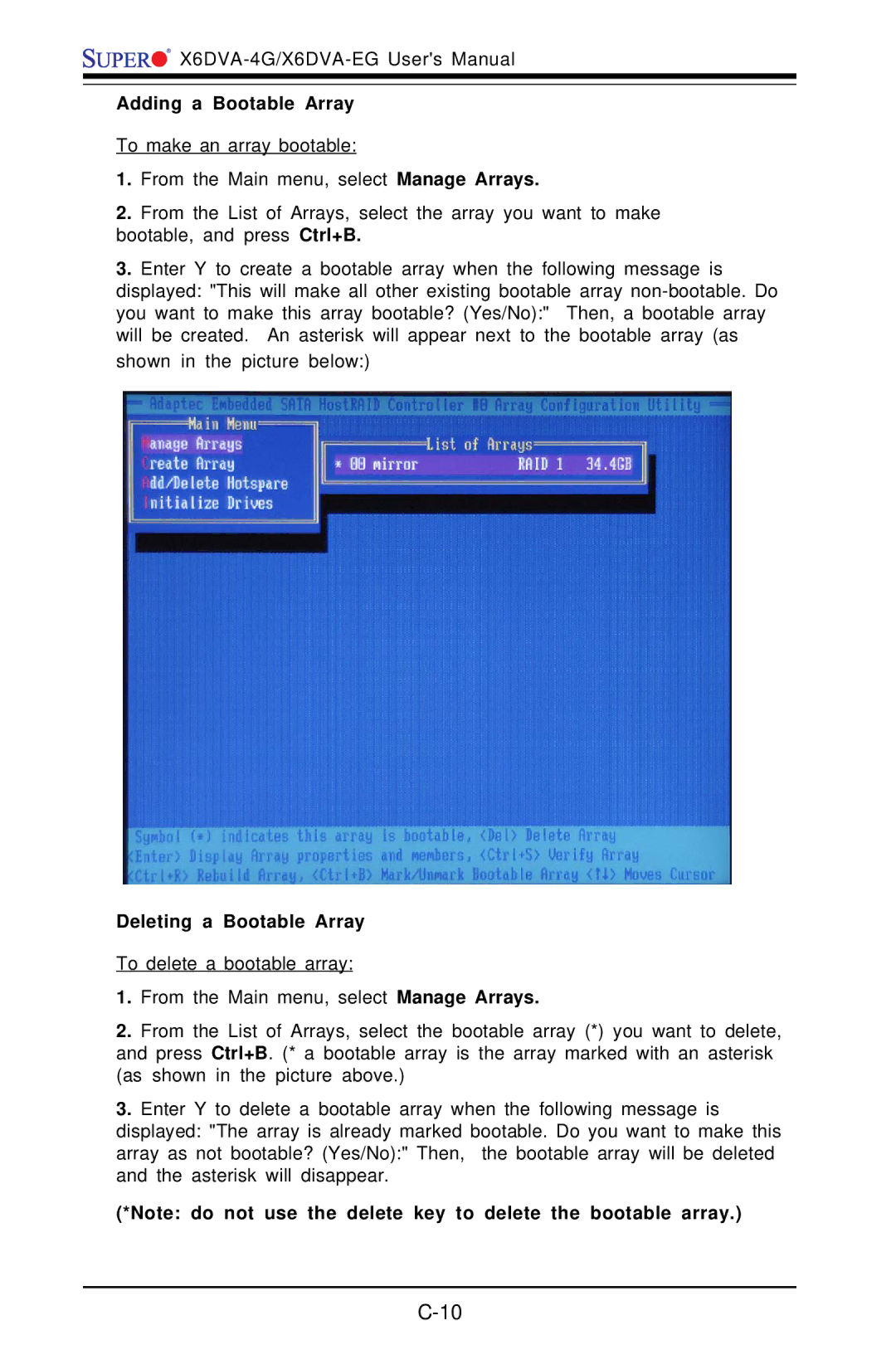 American Megatrends X6DVA-4G, X6DVA-EG user manual Adding a Bootable Array, Deleting a Bootable Array 