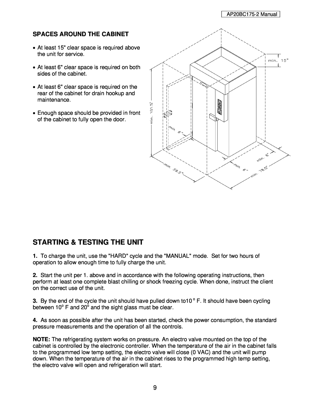 American Panel AP20BC175-2 user manual Starting & Testing The Unit, Spaces Around The Cabinet 