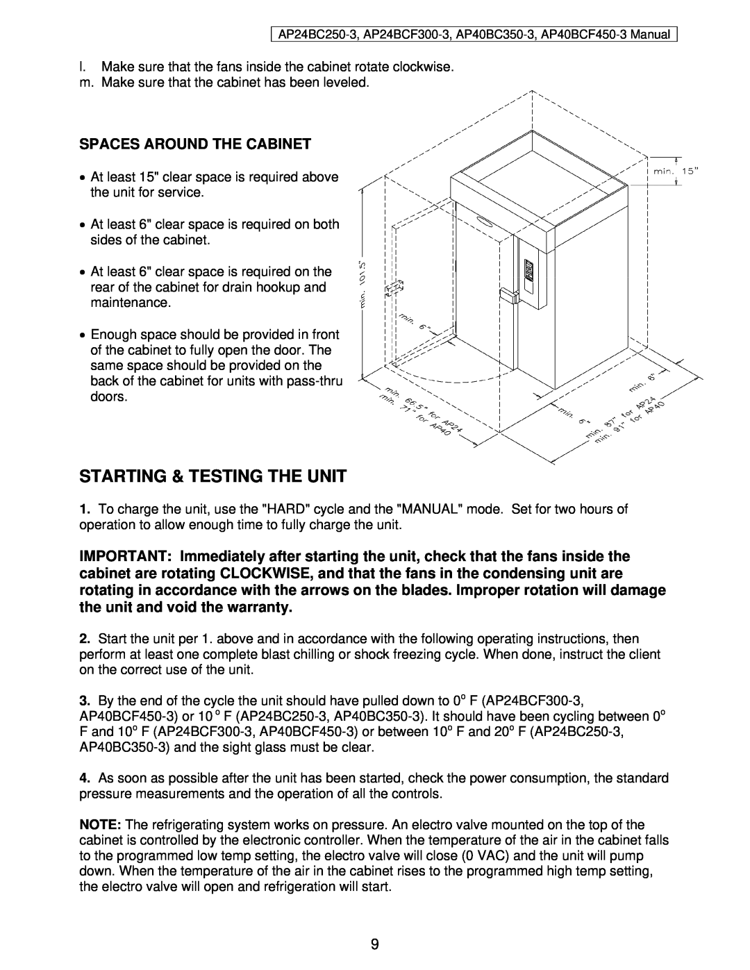 American Panel AP24BC250-3 user manual Starting & Testing The Unit, Spaces Around The Cabinet 