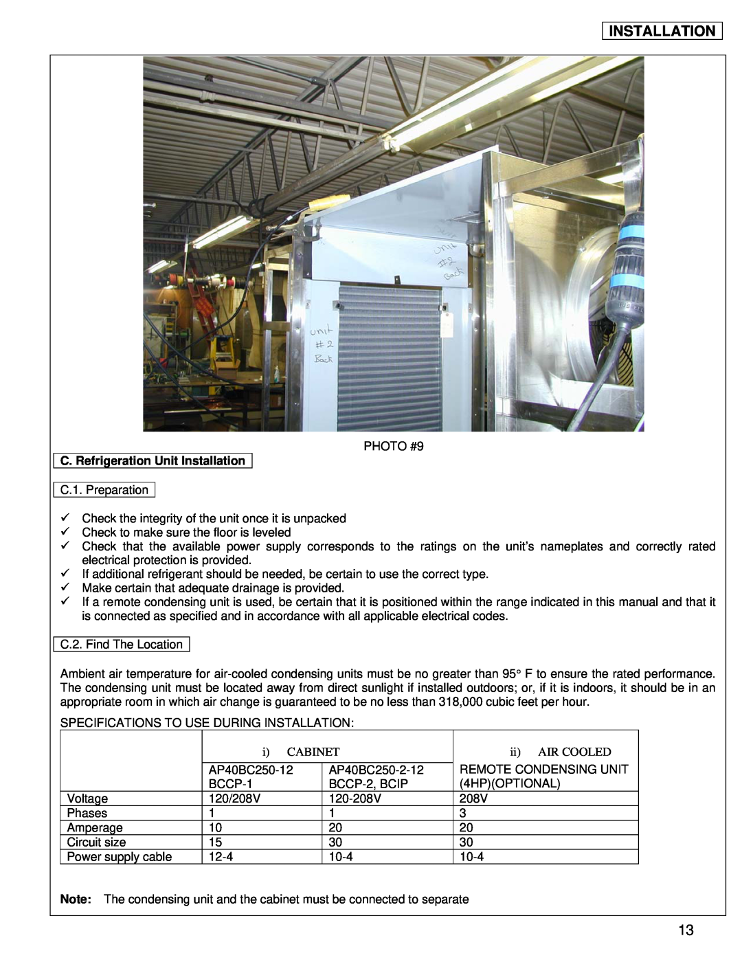 American Panel BCCP-1, BCIP, BCCP-2, AP40BC250-2-12 manual C. Refrigeration Unit Installation, i CABINET, ii AIR COOLED 