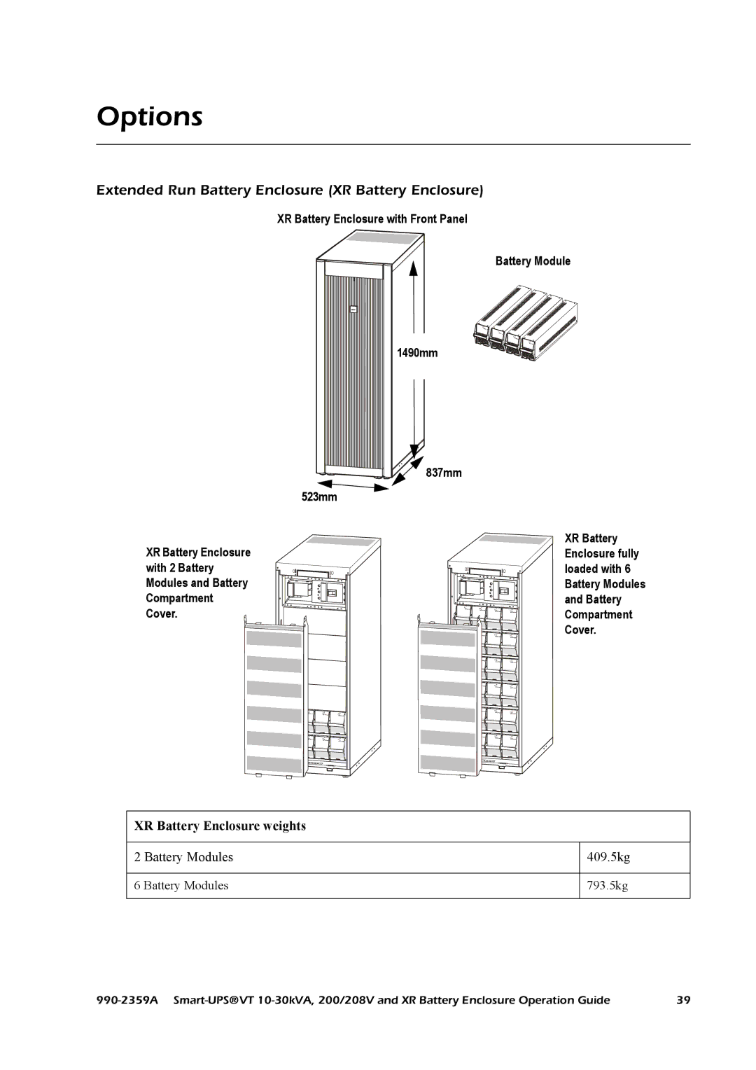 American Power Conversion 200/208 V, 10-30 KVA manual Options, Extended Run Battery Enclosure XR Battery Enclosure 