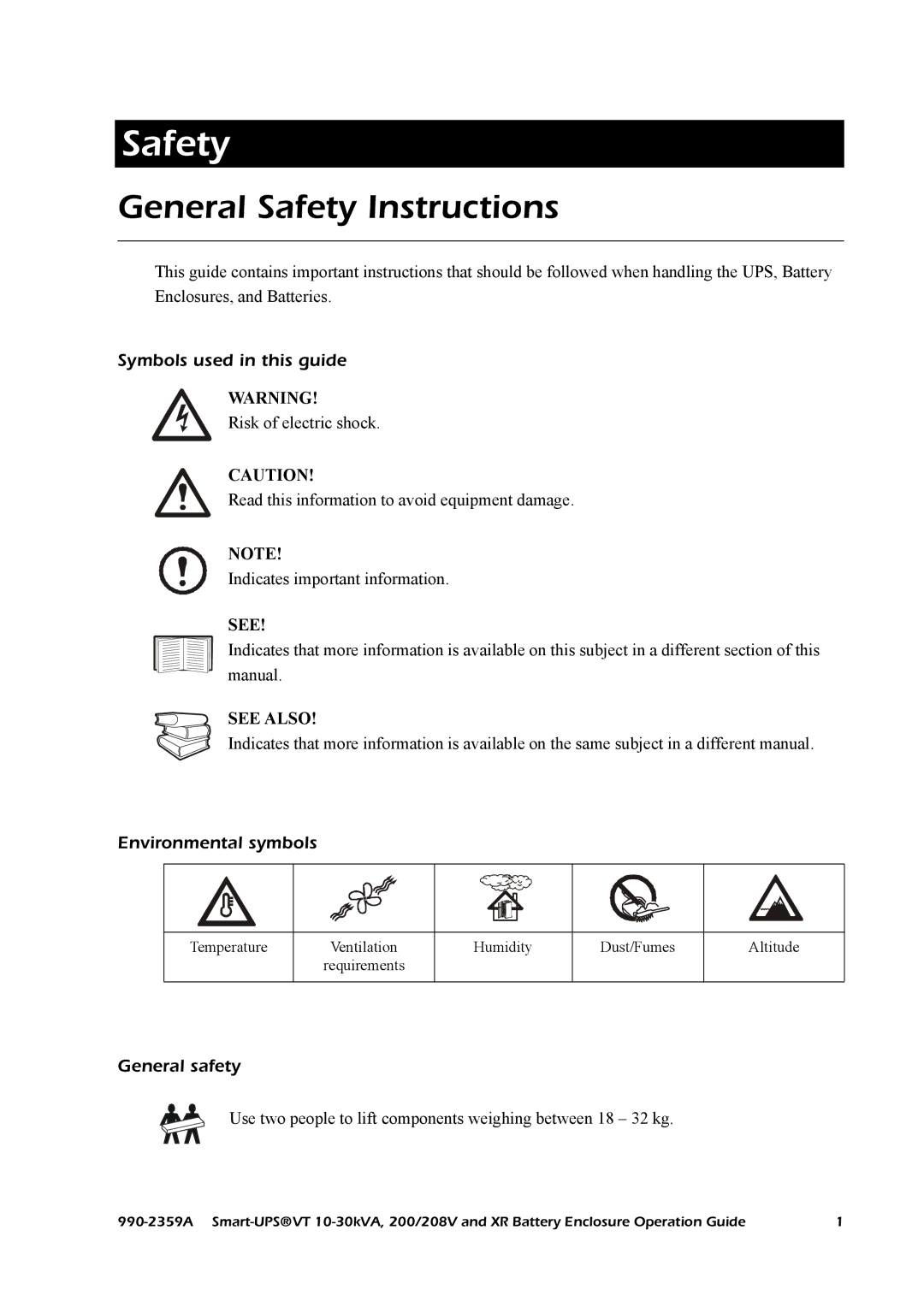 American Power Conversion 200/208 V manual General Safety Instructions, Symbols used in this guide, Environmental symbols 