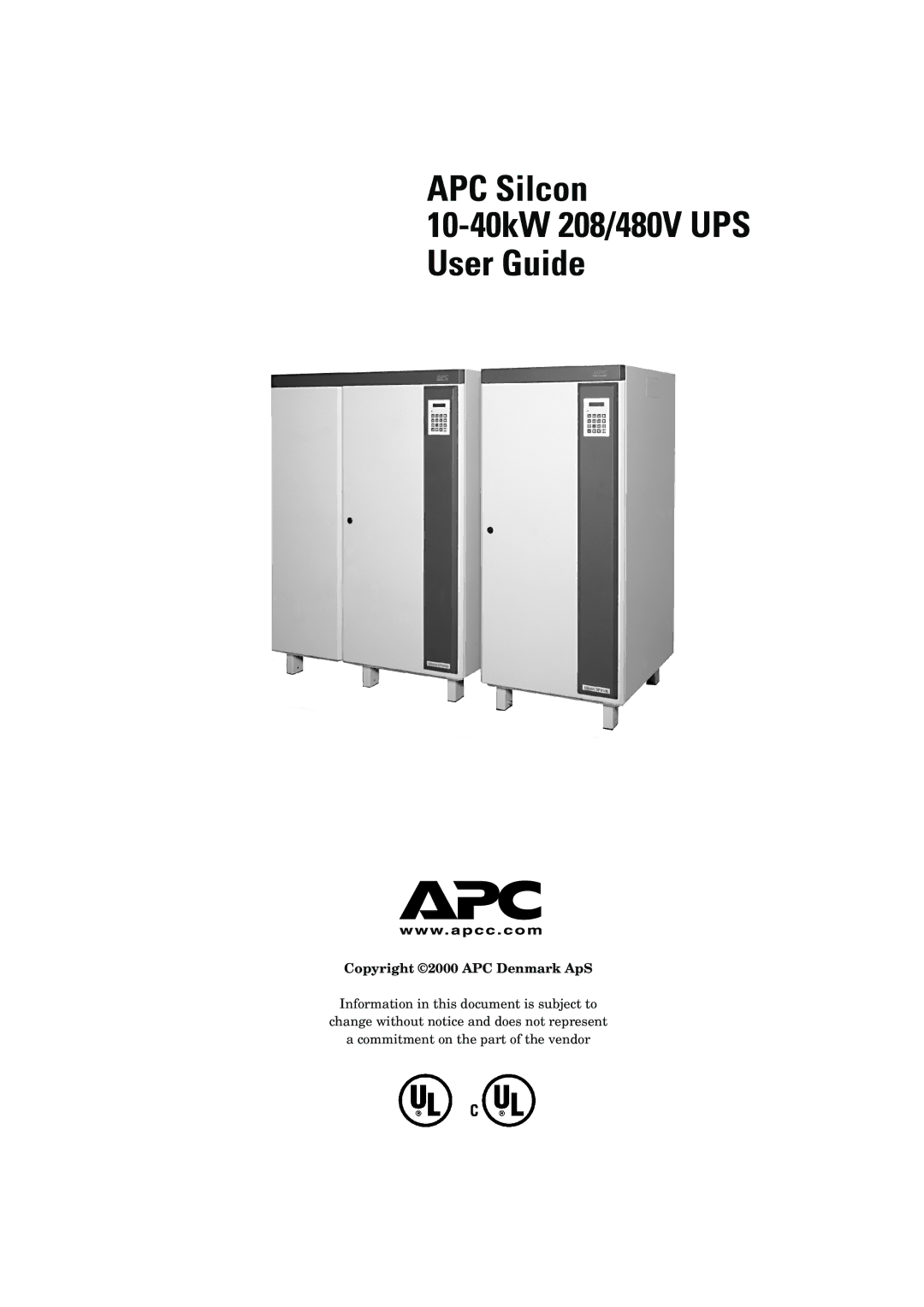 American Power Conversion manual APC Silcon 10-40kW 208/480V UPS User Guide, Copyright 2000 APC Denmark ApS 