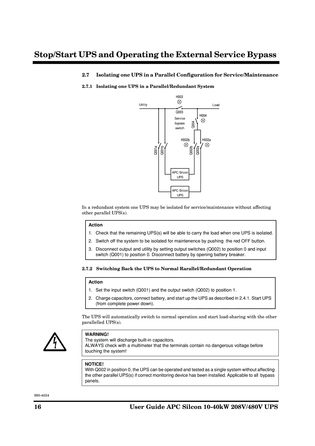 American Power Conversion 10-40kW 208/480V manual Isolating one UPS in a Parallel/Redundant System 