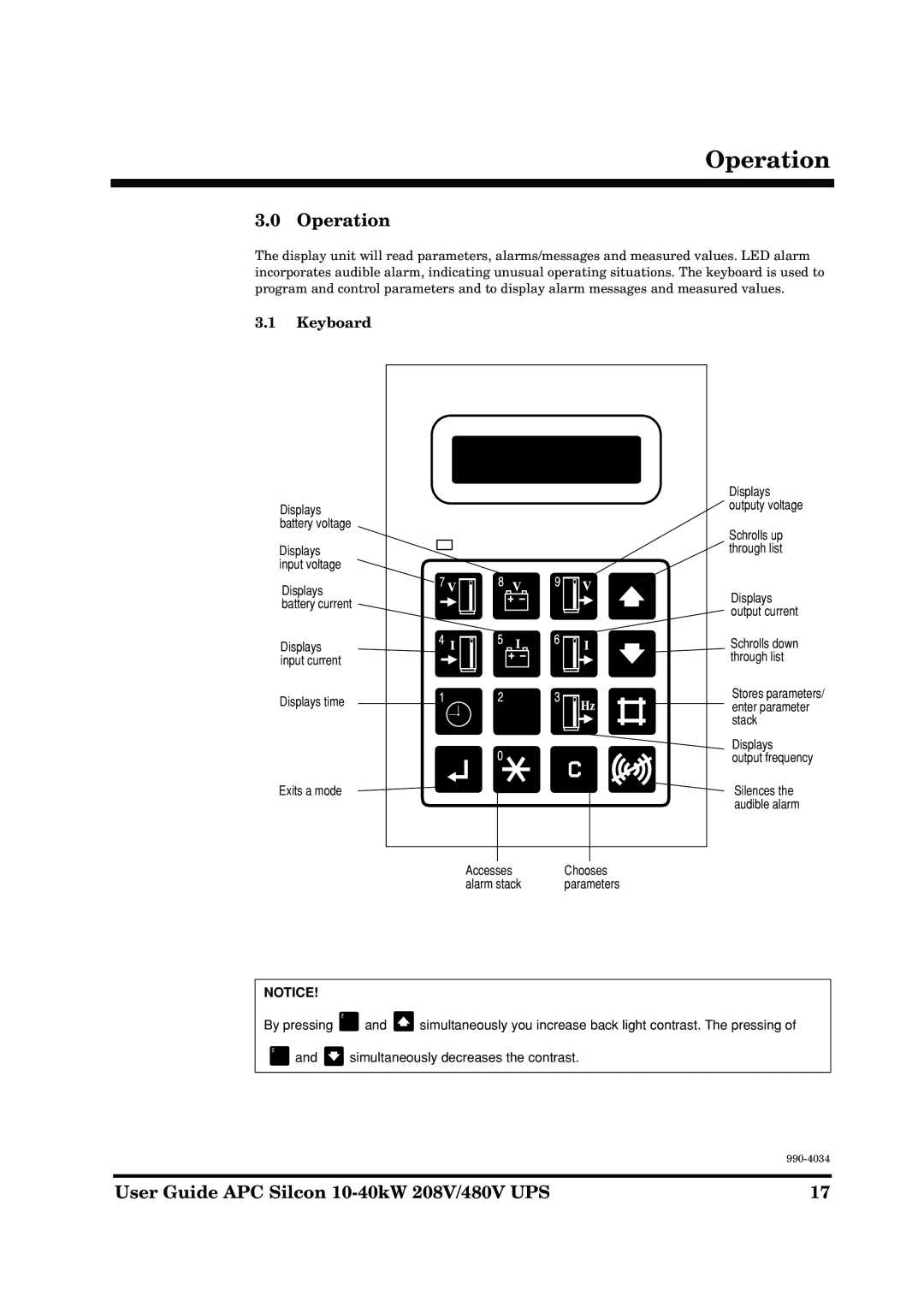 American Power Conversion 10-40kW 208/480V manual Operation, Keyboard 