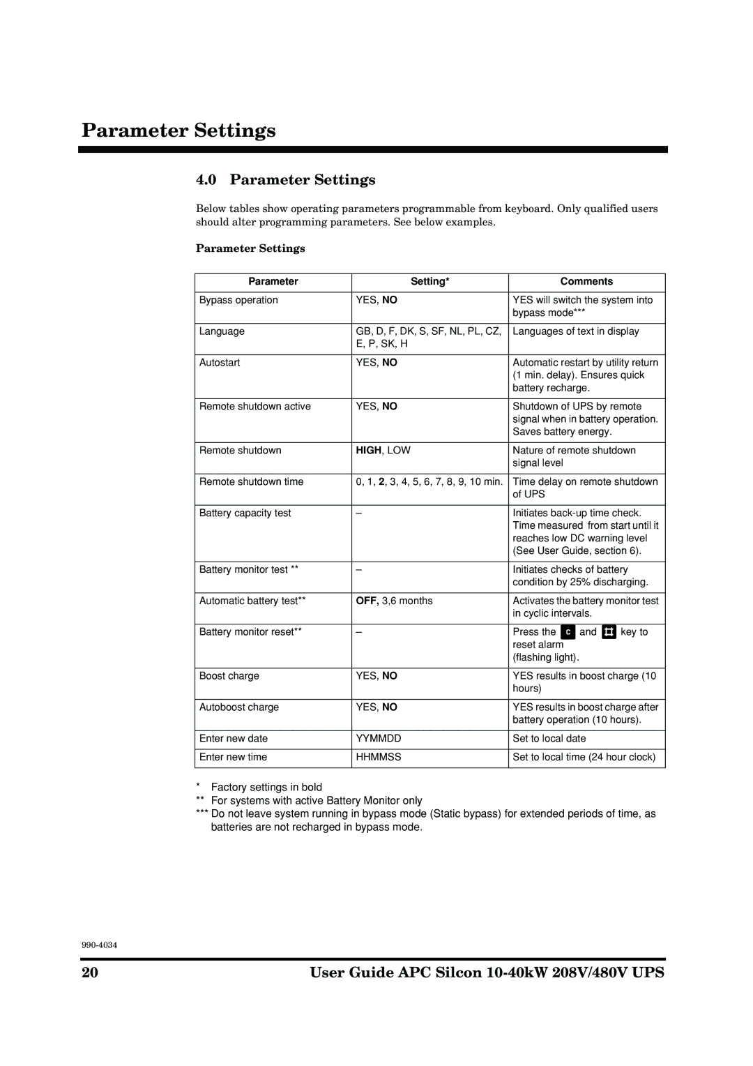 American Power Conversion 10-40kW 208/480V manual Parameter Settings 