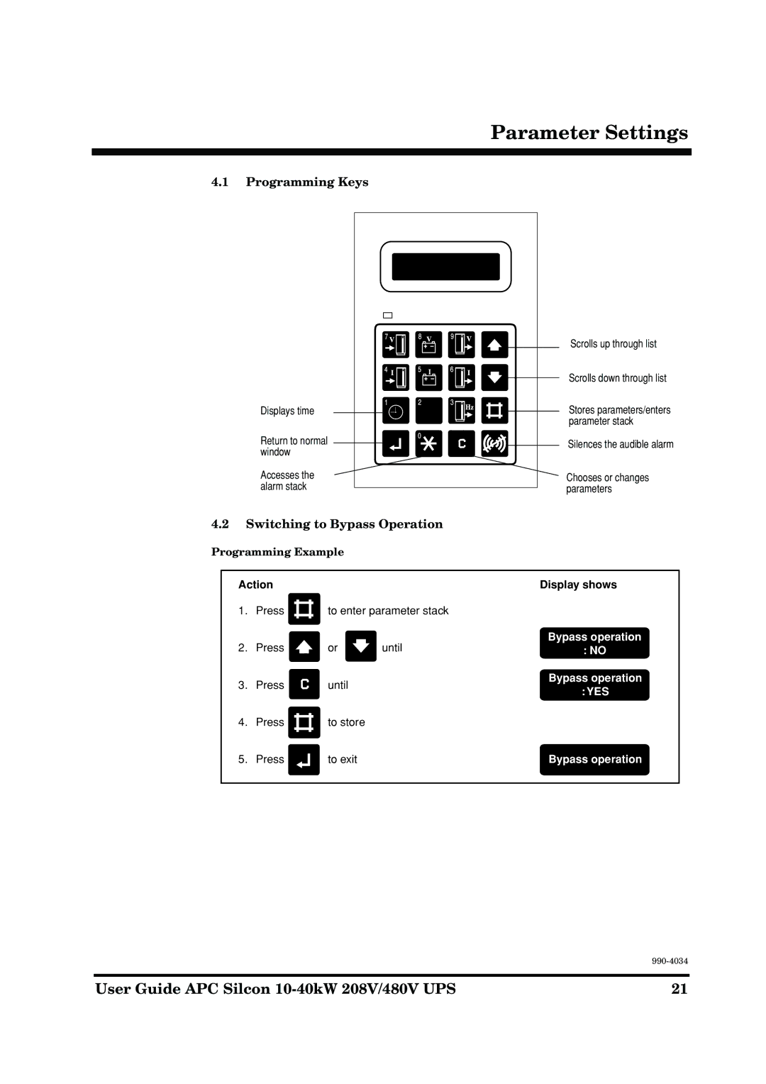 American Power Conversion 10-40kW 208/480V manual Programming Keys, Switching to Bypass Operation, Programming Example 