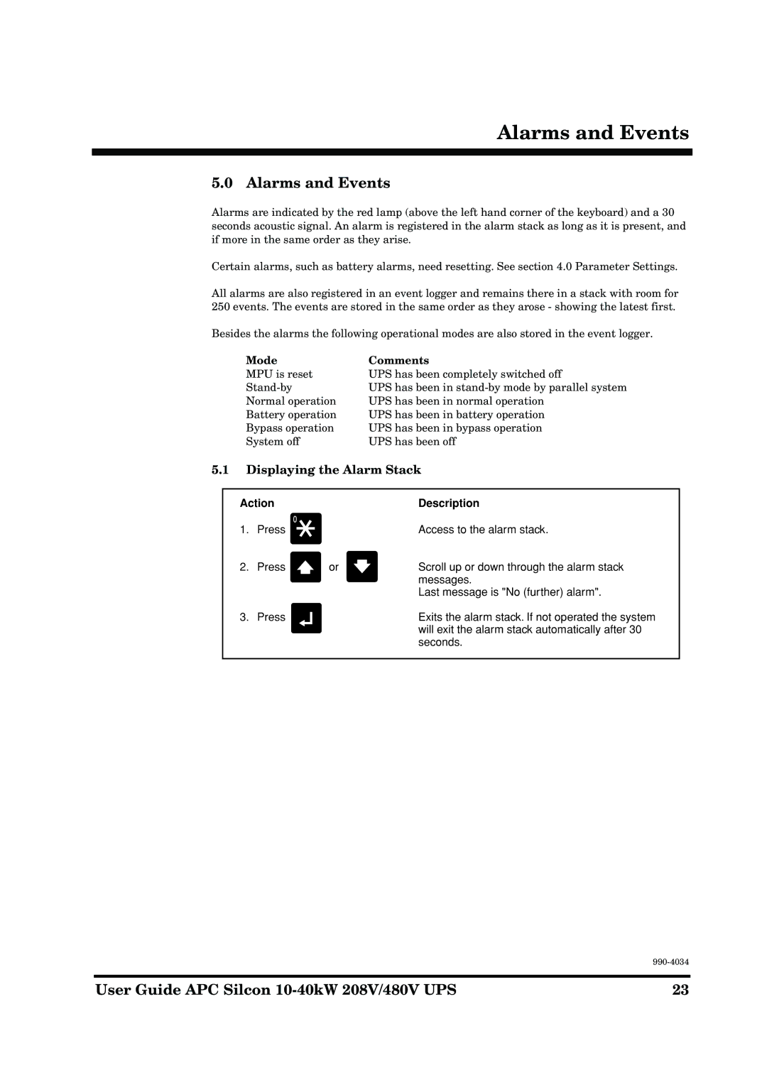 American Power Conversion 10-40kW 208/480V manual Alarms and Events, Displaying the Alarm Stack, Mode Comments 