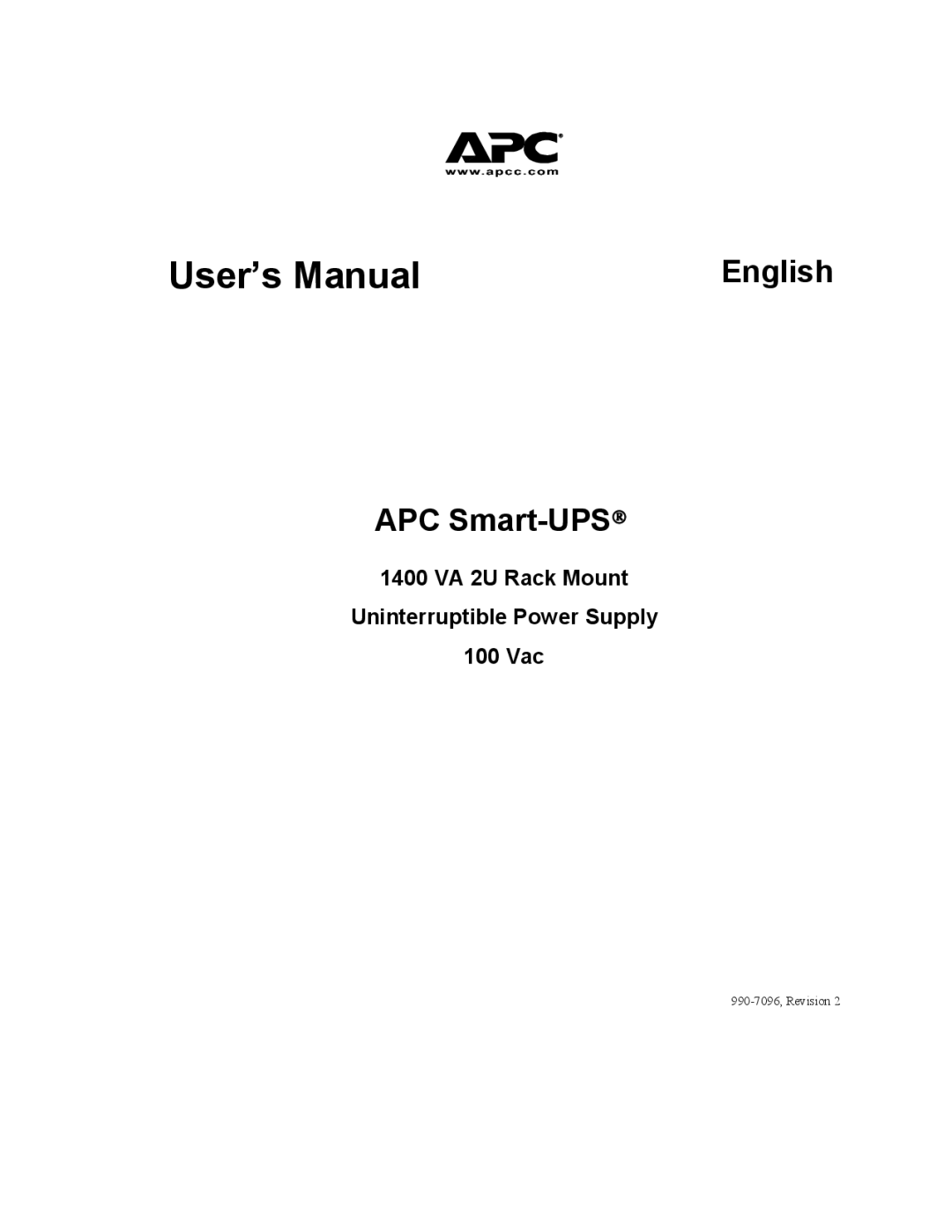 American Power Conversion 100 VAC user manual User’s Manual, 1400 VA 2U Rack Mount Uninterruptible Power Supply 100 Vac 