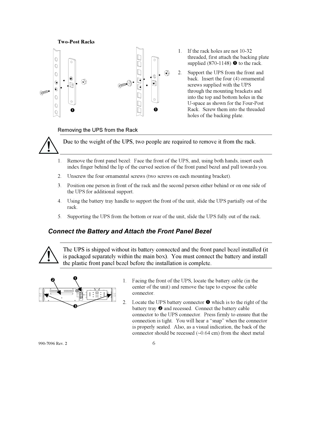 American Power Conversion 100 VAC user manual Connect the Battery and Attach the Front Panel Bezel, Two-Post Racks 