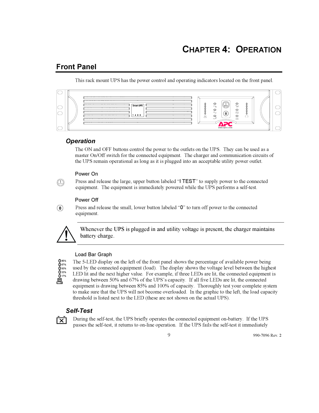 American Power Conversion 100 VAC user manual Operation, Front Panel, Self-Test 