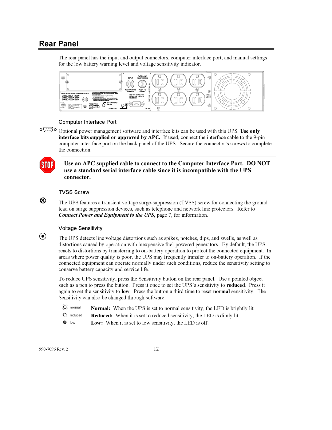 American Power Conversion 100 VAC user manual Rear Panel, Computer Interface Port, Tvss Screw, Voltage Sensitivity 