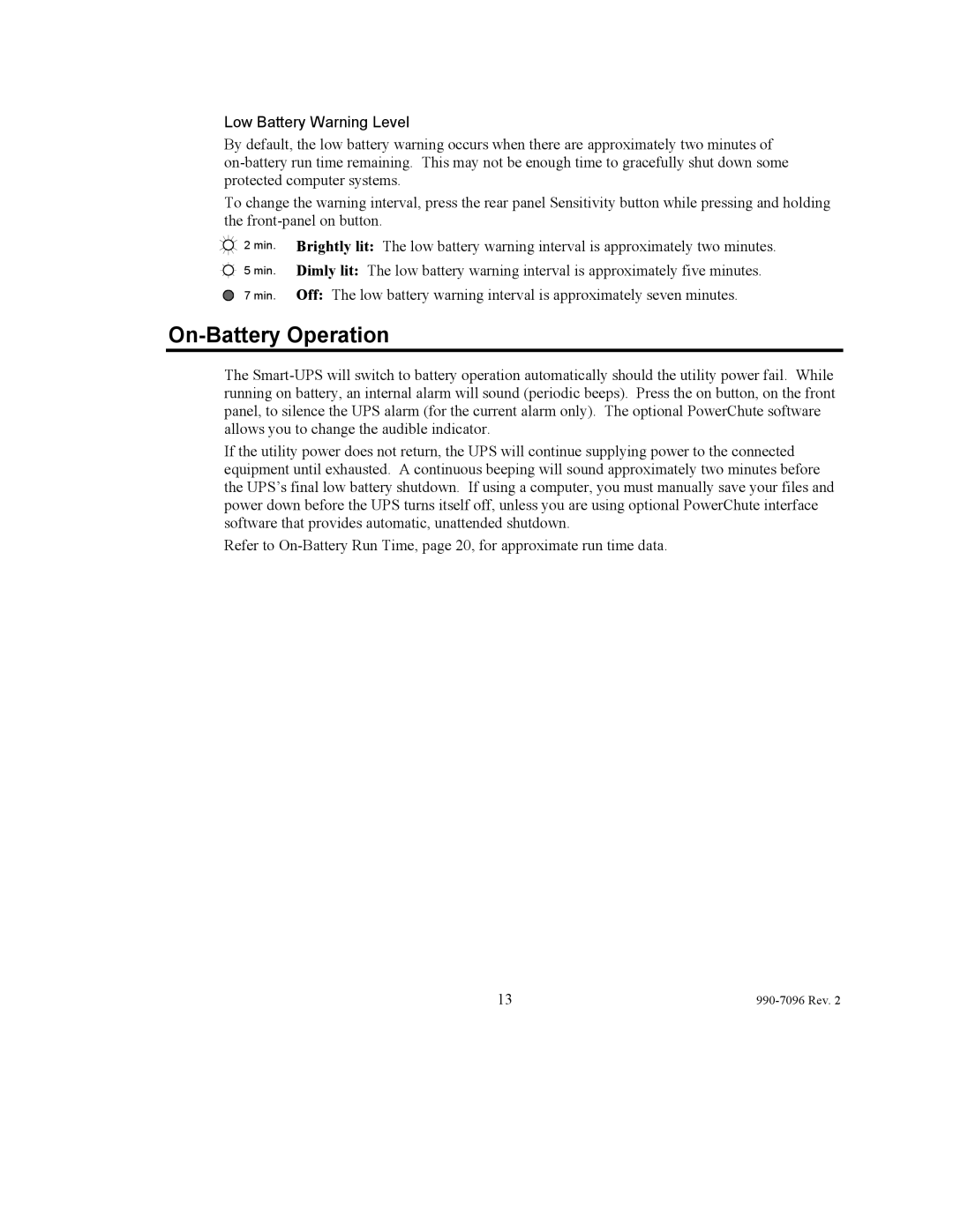 American Power Conversion 100 VAC user manual On-Battery Operation, Low Battery Warning Level 