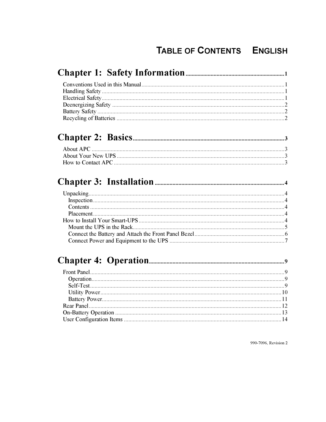 American Power Conversion 100 VAC user manual Table of Contents English 