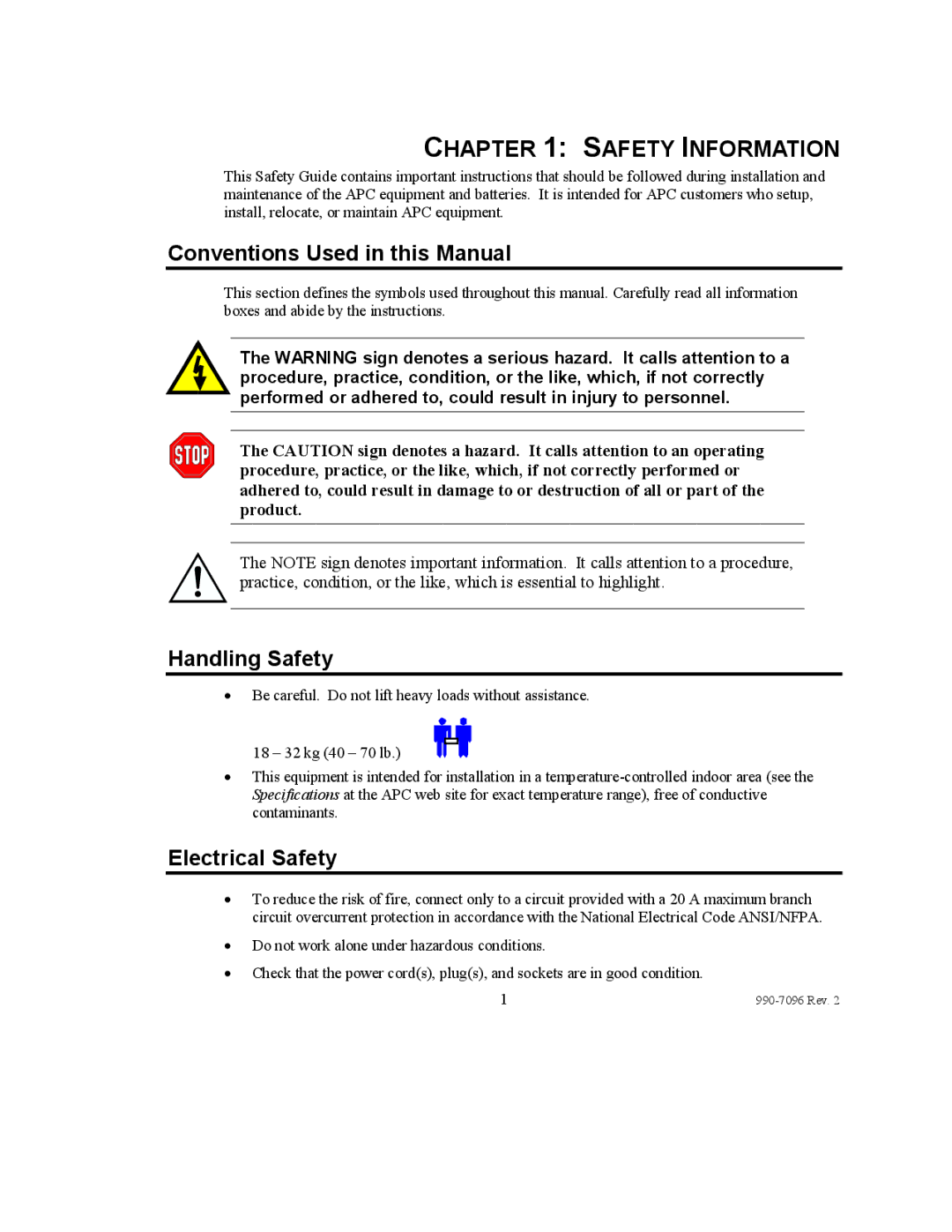 American Power Conversion 100 VAC Safety Information, Conventions Used in this Manual, Handling Safety, Electrical Safety 