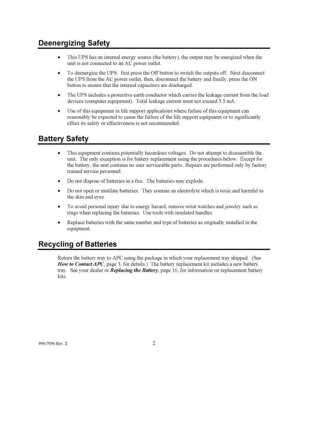 American Power Conversion 100 VAC user manual Deenergizing Safety, Battery Safety, Recycling of Batteries 