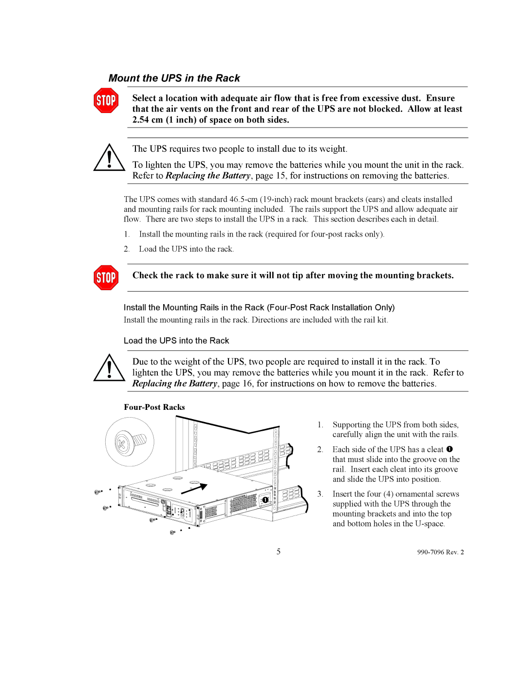 American Power Conversion 100 VAC user manual Mount the UPS in the Rack, Load the UPS into the Rack, Four-Post Racks 