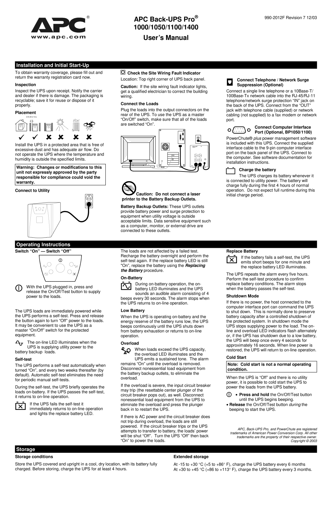 American Power Conversion 1050 operating instructions Installation and Initial Start-Up, Operating Instructions, Storage 