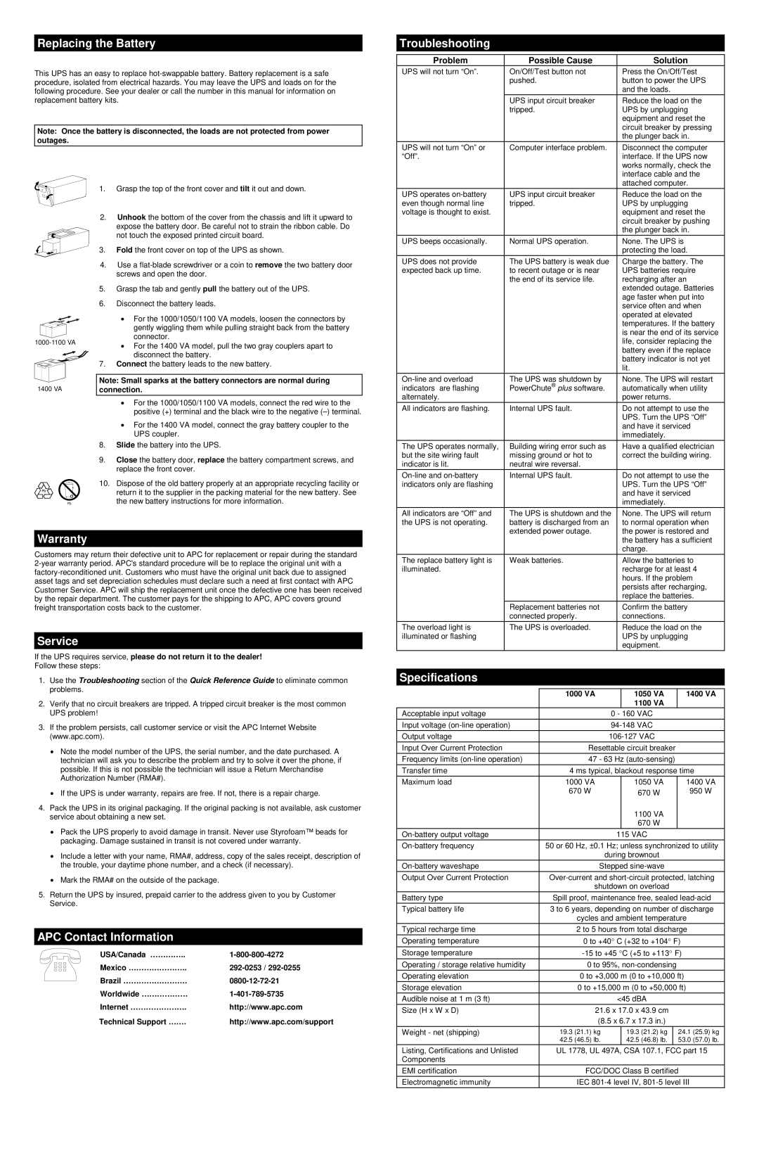 American Power Conversion 1100, 1000 Replacing the Battery, Troubleshooting, Warranty, Service, APC Contact Information 