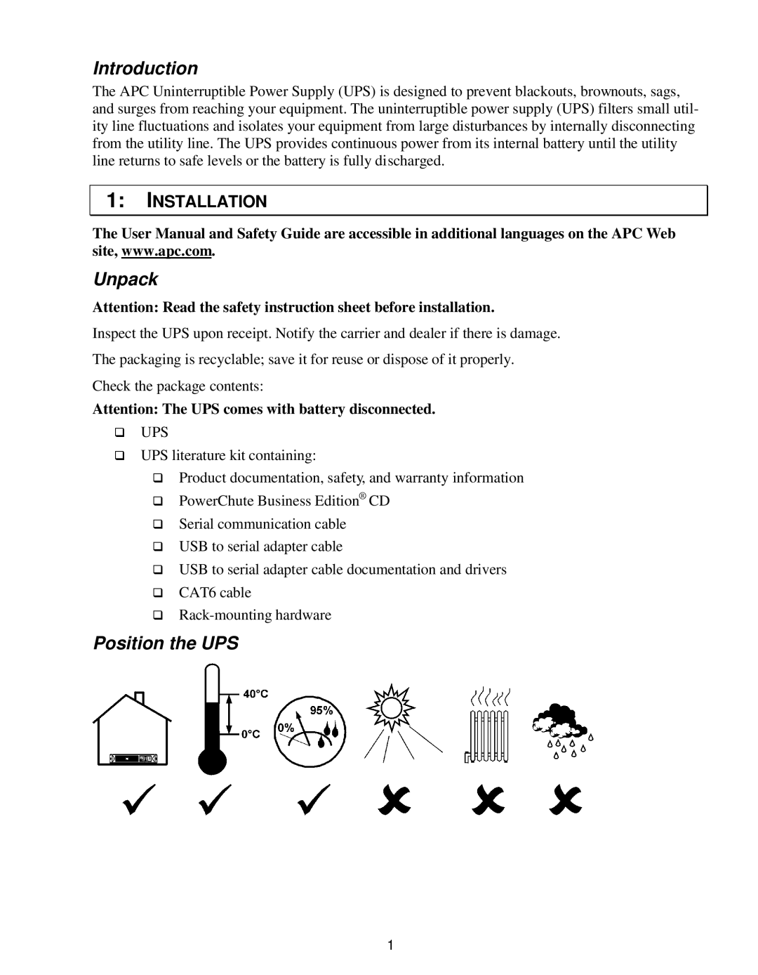 American Power Conversion 1000 VA user manual Introduction, Unpack, Position the UPS, Installation 