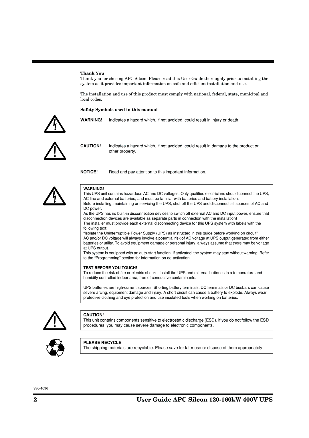 American Power Conversion User Guide APC Silcon 120-160kW 400V UPS, Thank You, Safety Symbols used in this manual 