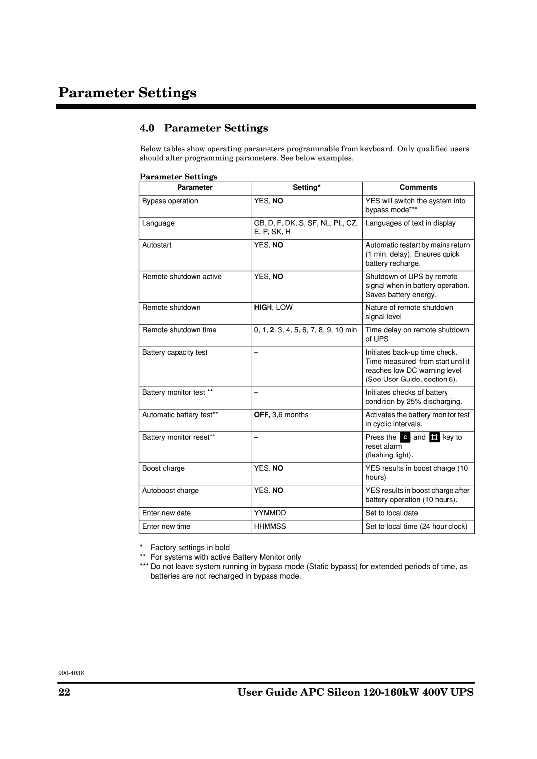 American Power Conversion 120-160kW manual Parameter Settings 