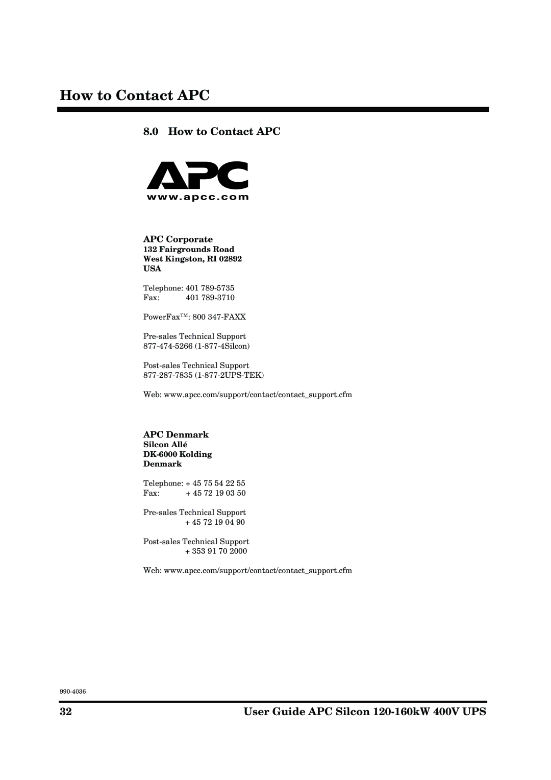 American Power Conversion 120-160kW manual How to Contact APC, APC Corporate, APC Denmark 