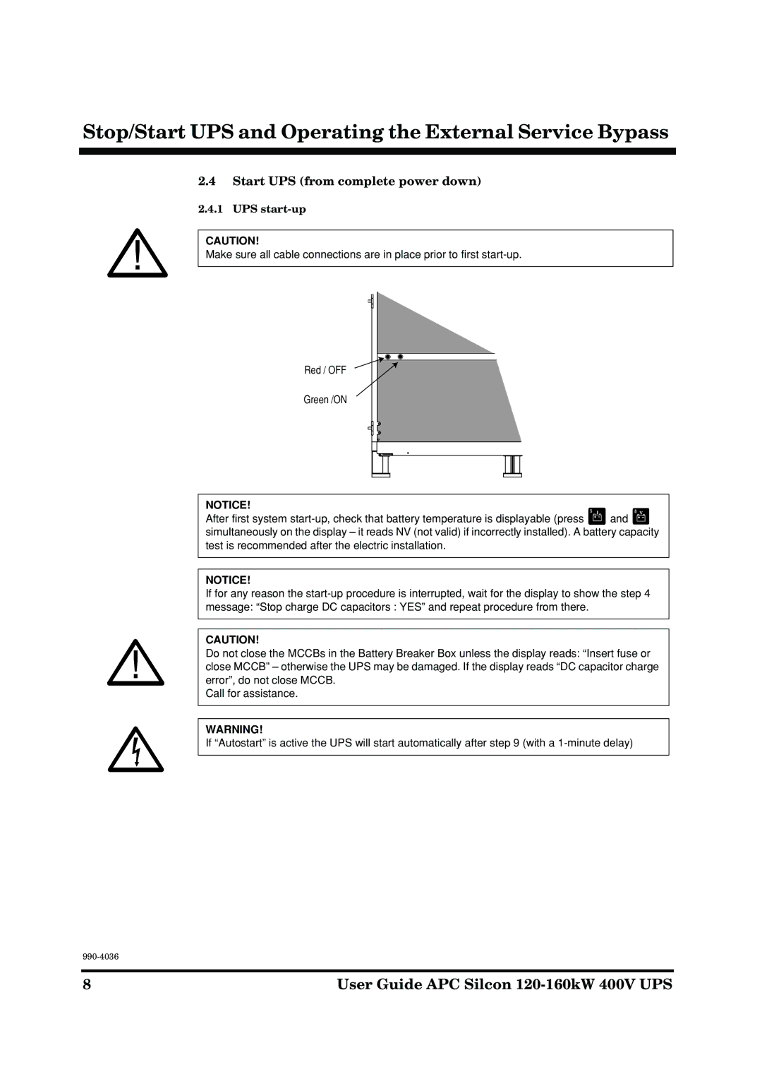 American Power Conversion 120-160kW manual Start UPS from complete power down, UPS start-up 