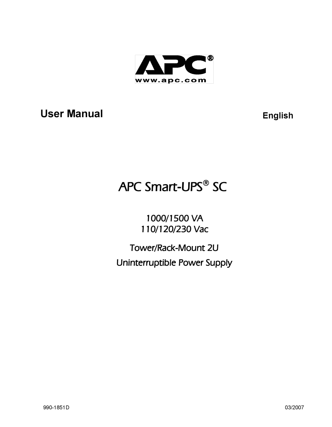 American Power Conversion 1500 VA user manual APC Smart-UPSSC 