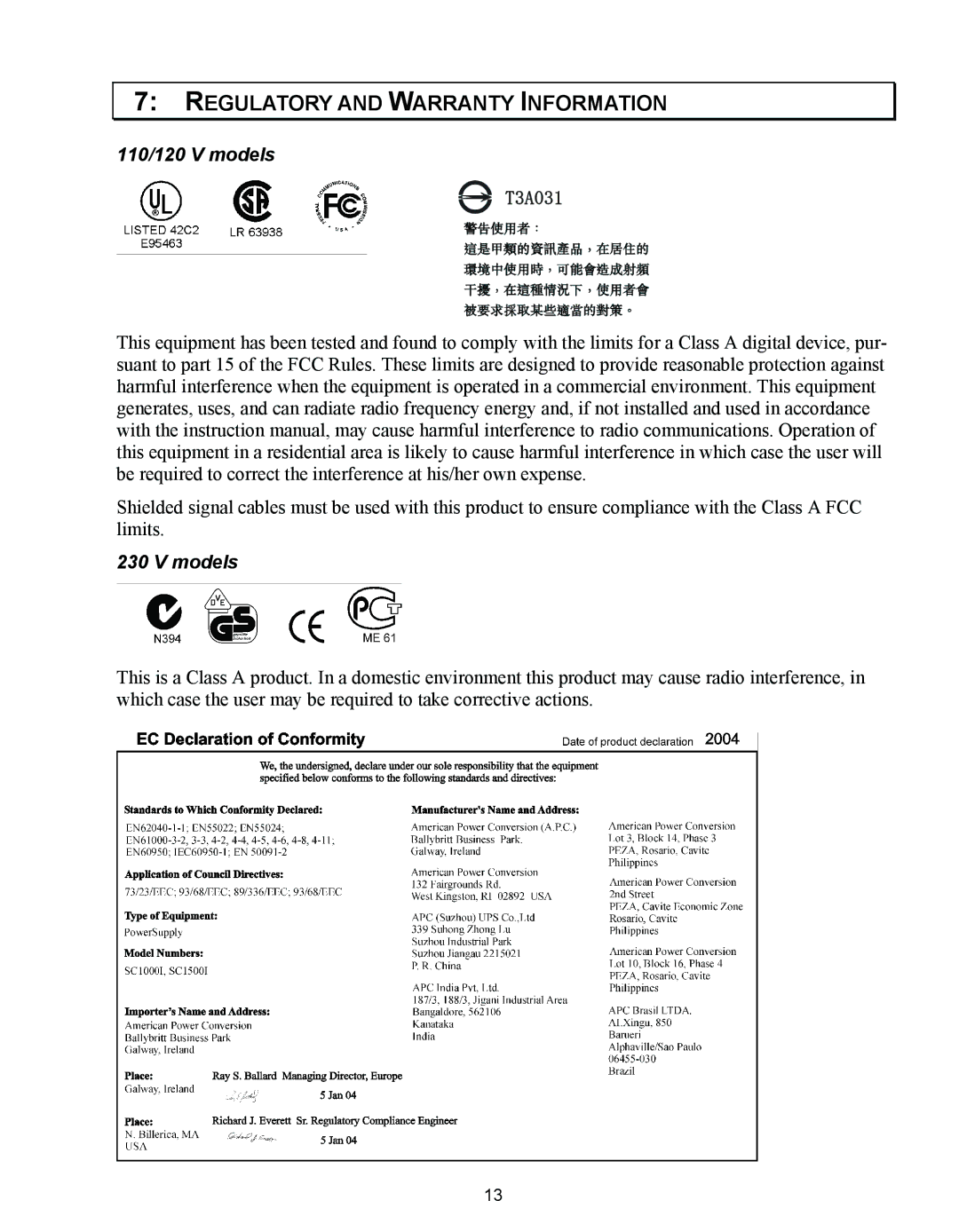 American Power Conversion 1500 VA user manual Regulatory and Warranty Information 