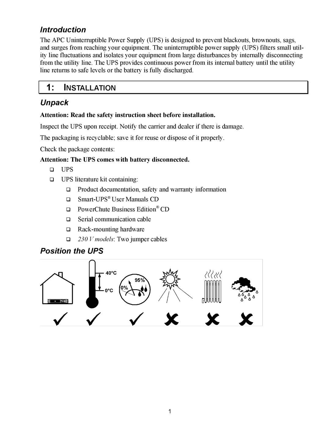 American Power Conversion 1500 VA user manual Introduction, Unpack, Position the UPS 