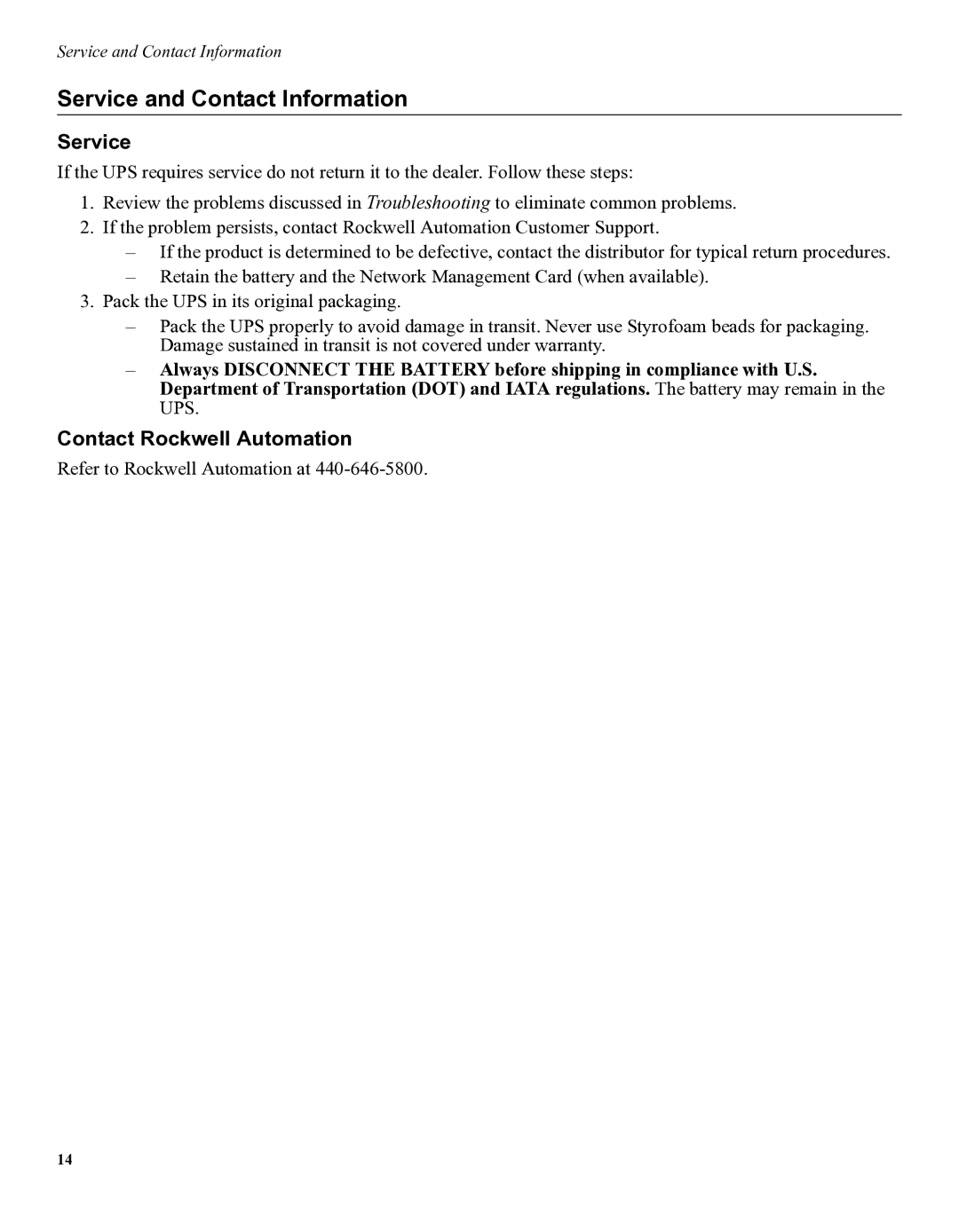 American Power Conversion 1609 user manual Service and Contact Information, Contact Rockwell Automation 