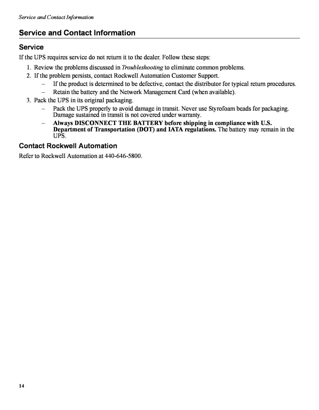 American Power Conversion 1609 user manual Service and Contact Information, Contact Rockwell Automation 