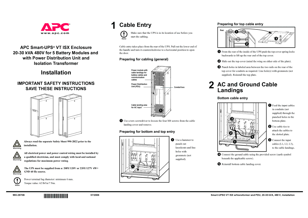 American Power Conversion 20-30 kVA 480V important safety instructions Installation, Cable Entry, 990-2870B 