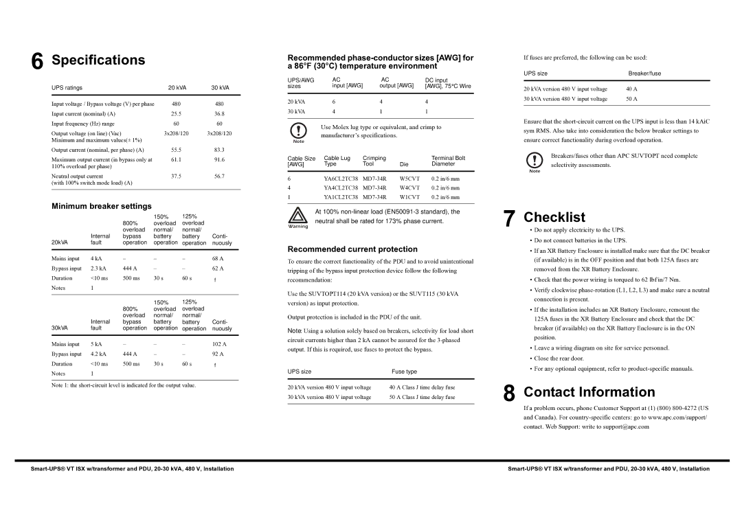 American Power Conversion 20-30 kVA 480V Specifications, Checklist, Contact Information, Minimum breaker settings 