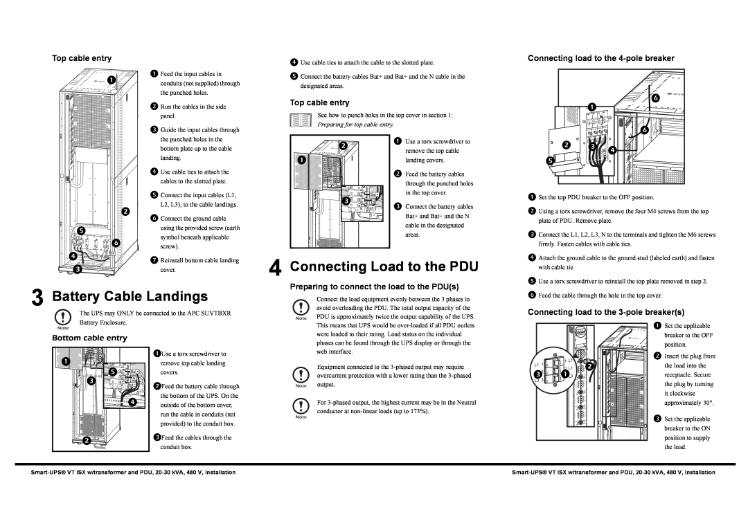 American Power Conversion 20-30 kVA 480V important safety instructions Battery Cable Landings, Connecting Load to the PDU 