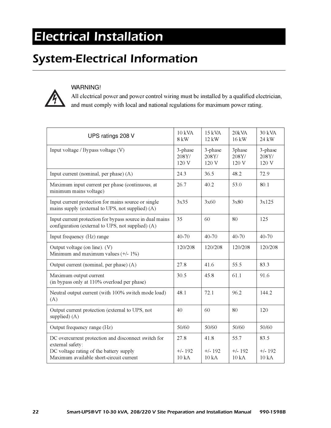 American Power Conversion 208/220 installation manual Electrical Installation, System-Electrical Information 