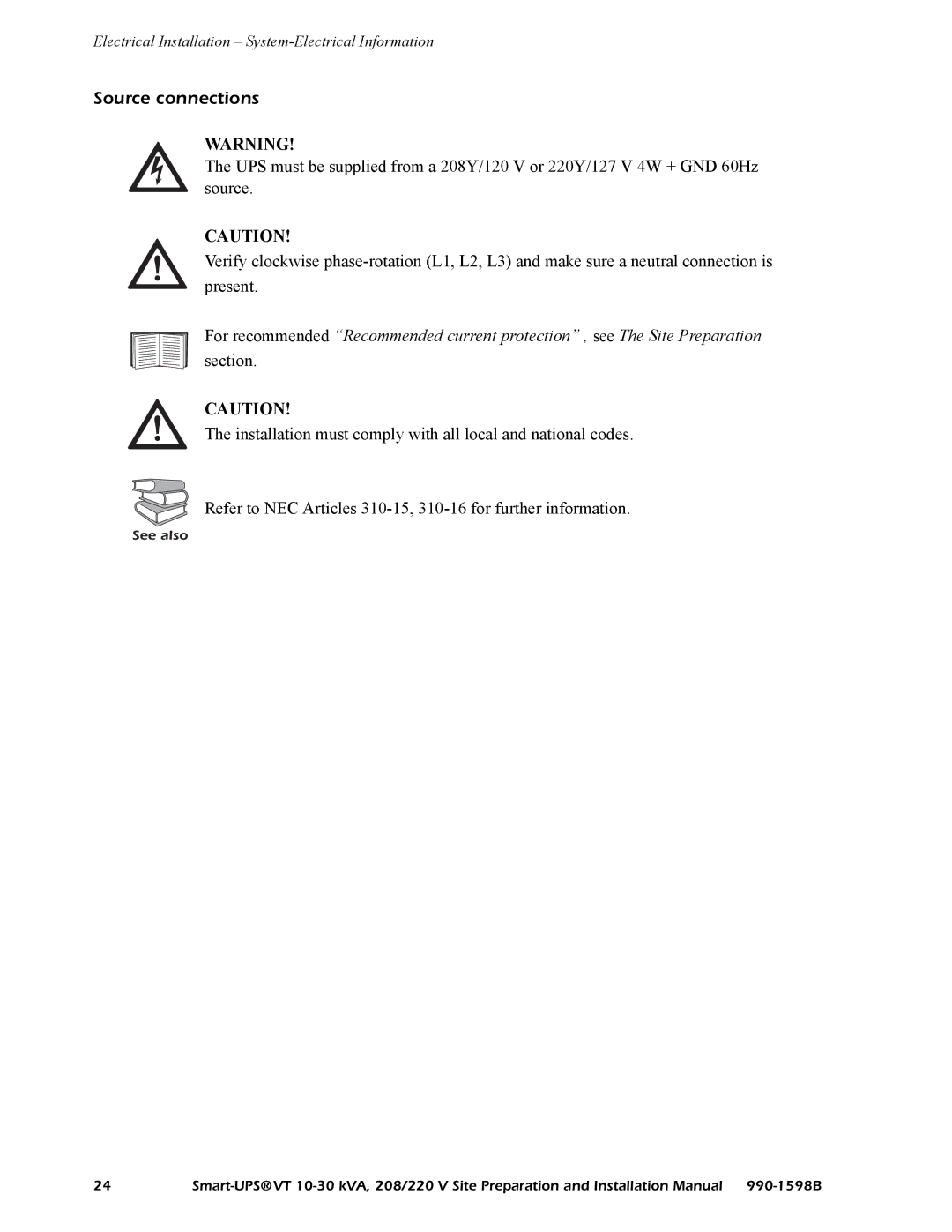 American Power Conversion 208/220 installation manual Source connections 